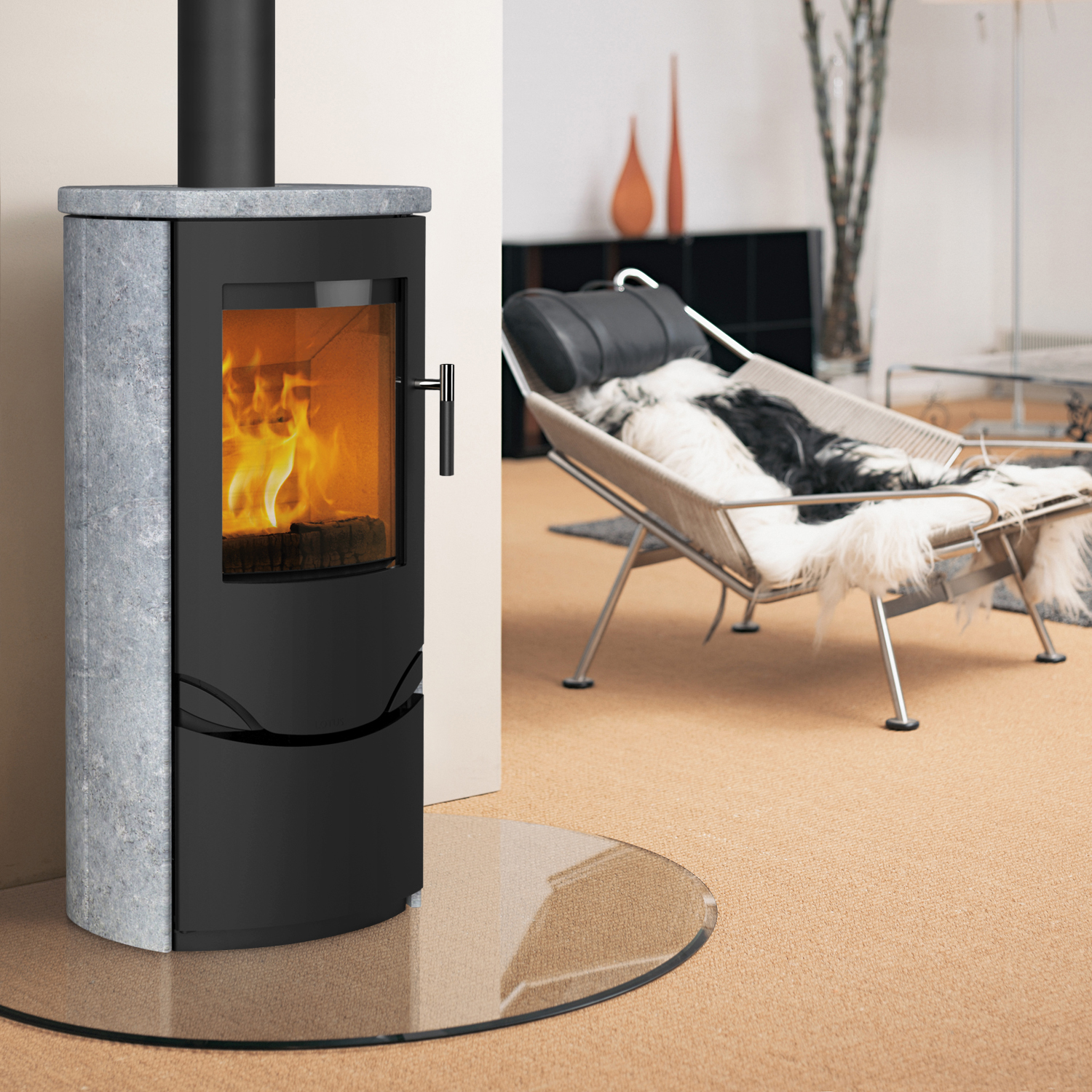 Lotus Prio 5S Kaminofen Schwarz/ Speckstein, Rauchabgang oben