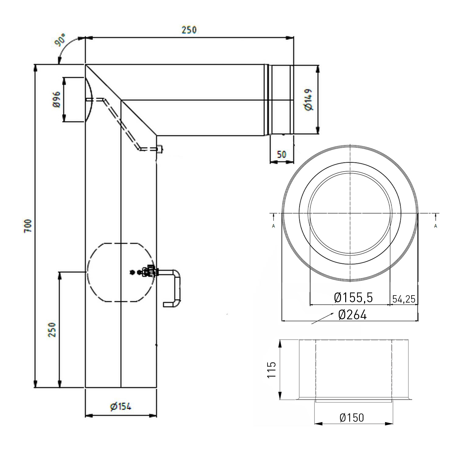 Raik WBG Set Lifestyle Durchmesser 150/90° 2,00mm 2-tlg 700/250 mit eingelegter Tür, mit DKL mit Dichtung schwarz für Rauchrohr/ Ofenrohr