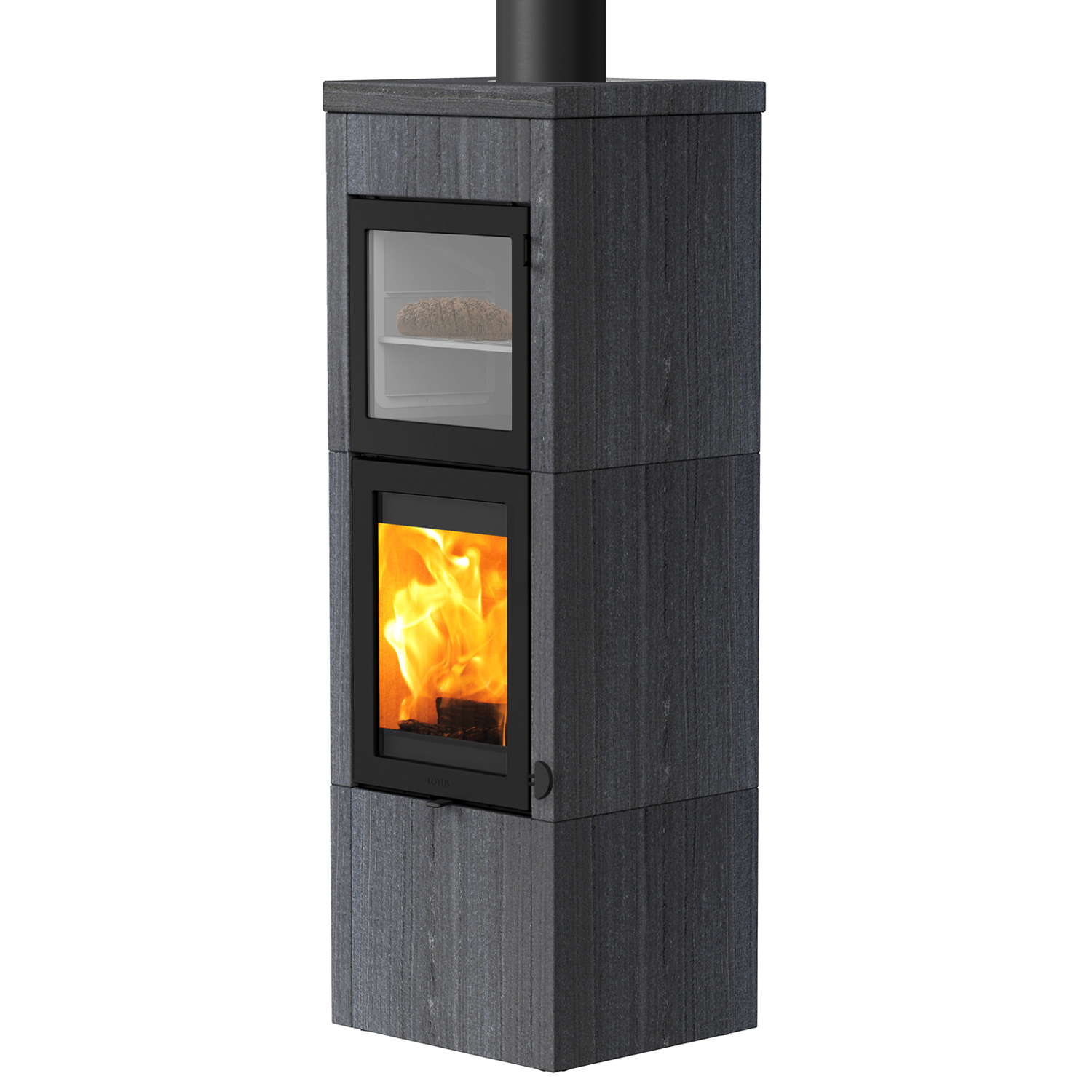 Lotus QM40 Kaminofen Indian Night / Tür Schwarz mit Backfach, Rauchabgang oben
