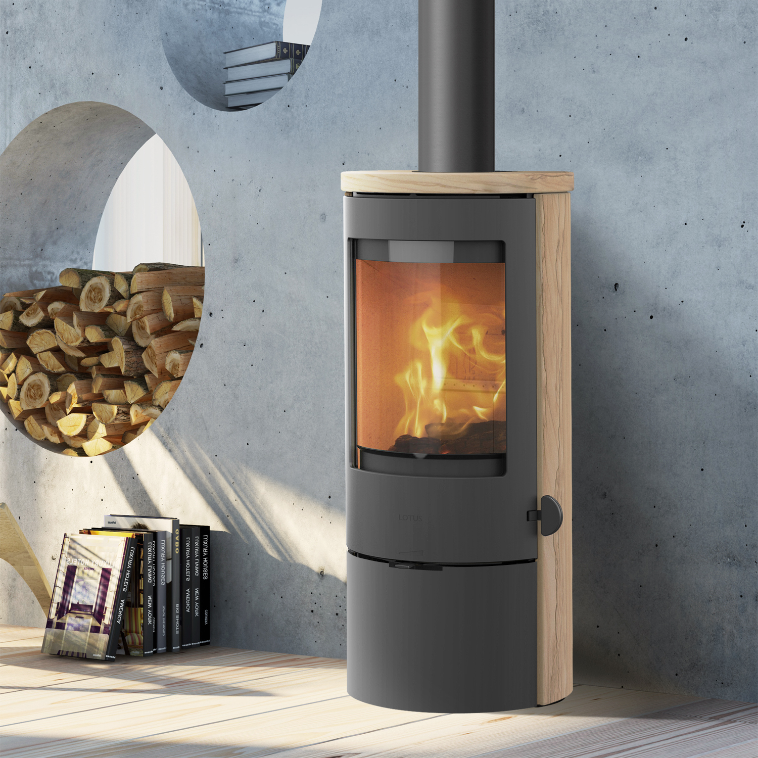 Lotus Prestige Basic Sand Kaminofen, Tür Grau, Rauchabgang oben Lotus Prestige Basic Sand Kaminofen, Tür Grau, Rauchabgang oben