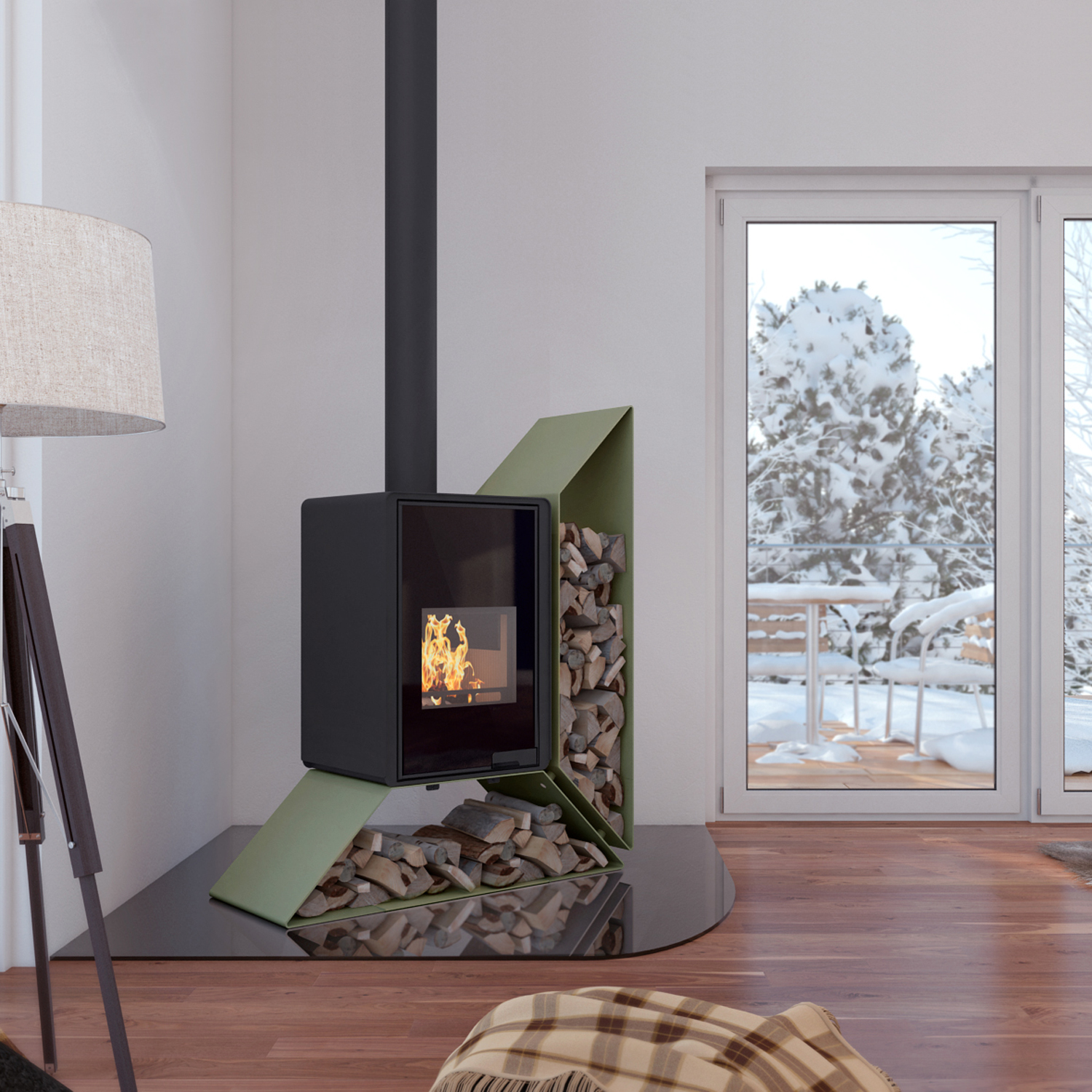 HS Flamingo Deluxe Kampa Kaminofen Olive Regal rechts