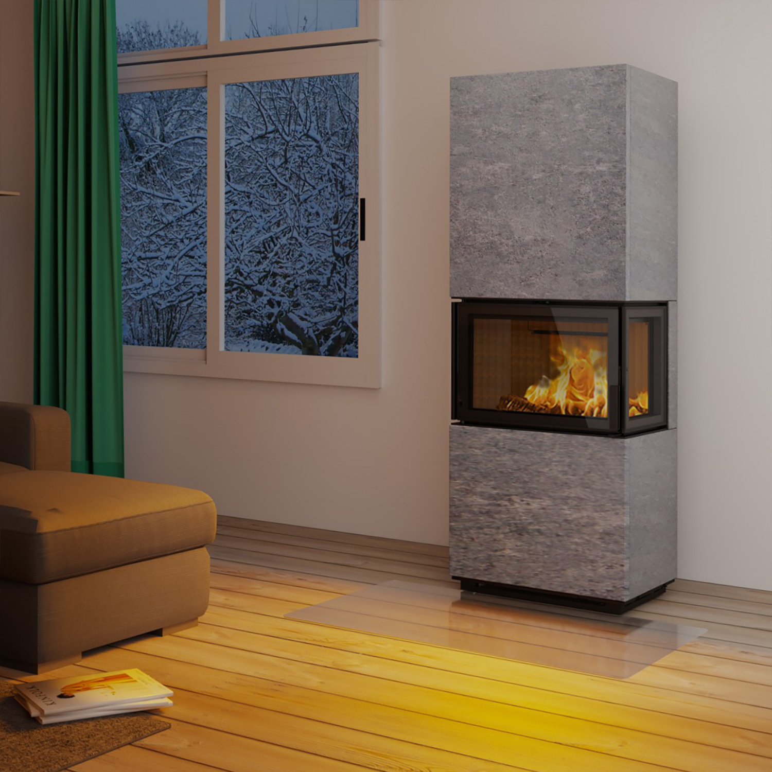 Lotus Visto R Kaminofen Speckstein, Seitenglas rechts, Rauchabgang oben