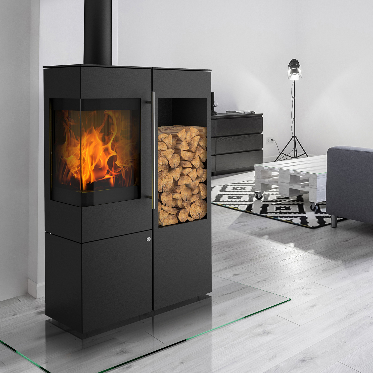 Olsberg Ipala Smart Compact Kaminofen Stahl schwarz, Türanschlag links, Stahltür mit Holzregal rechts Olsberg Ipala Smart Compact Kaminofen Stahl schwarz, Türanschlag links, Stahltür mit Holzregal rechts
