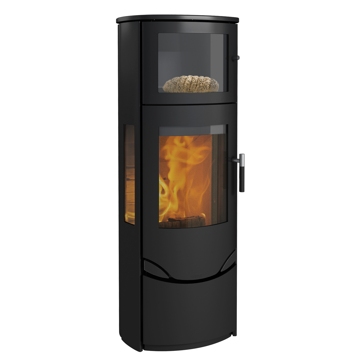 Lotus Prio 7 Kaminofen Schwarz / Seitenglas mit Backfach, Rauchabgang hinten