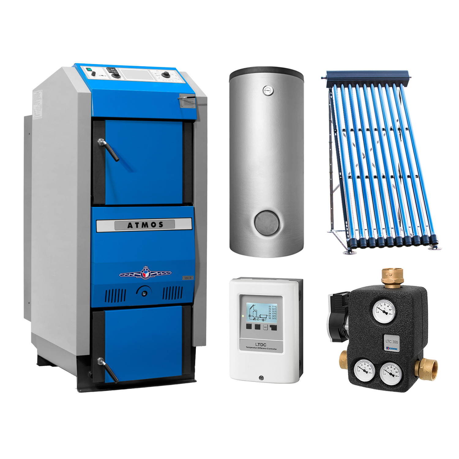 ATMOS GSX 50 Set + Solarthermie-Set 2 (11 m²) + 2 Pufferspeicher 1000 L + Hygienespeicher 900 L + SWT