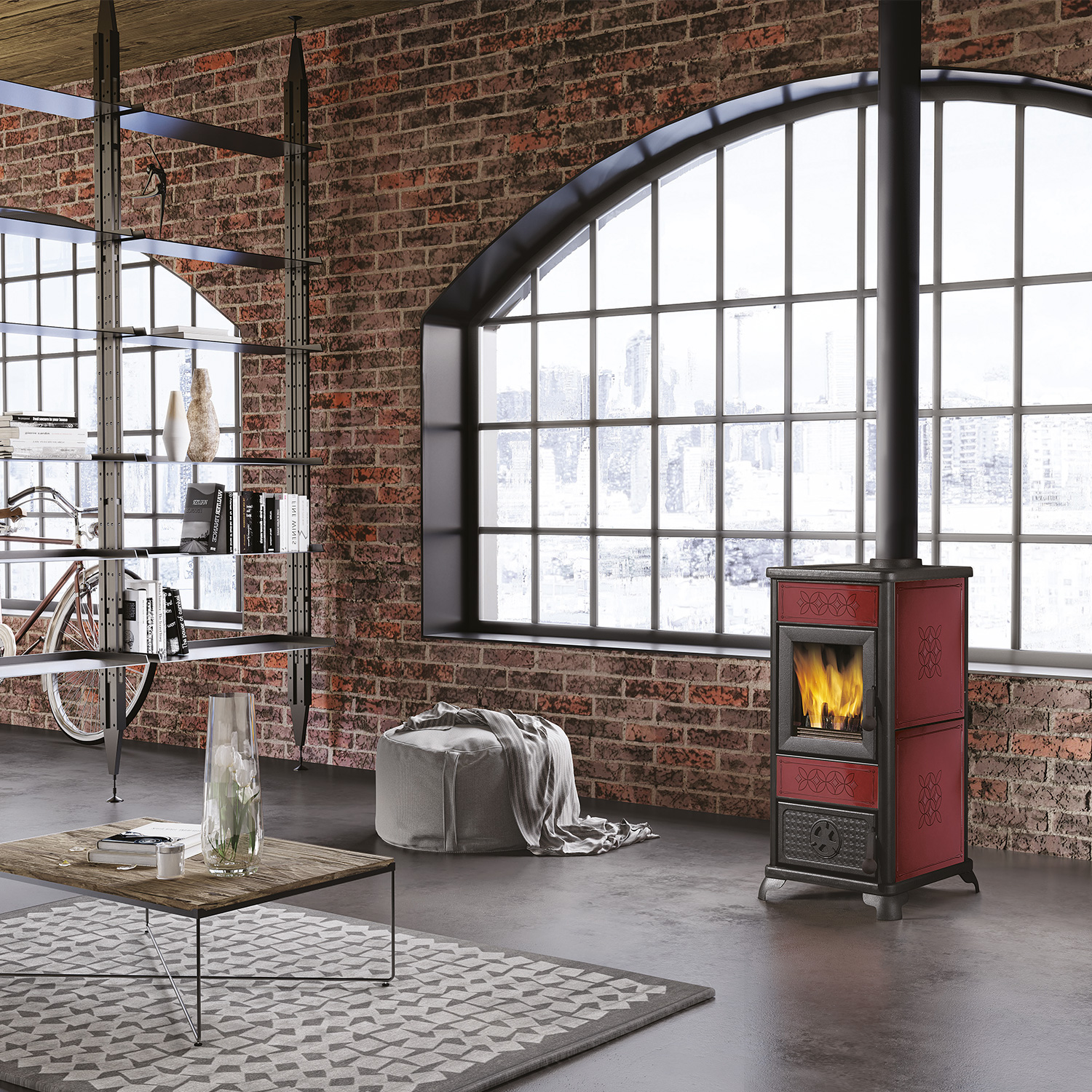 EK63 Decor Kaminofen Keramik bordeaux Rauchrohr oben