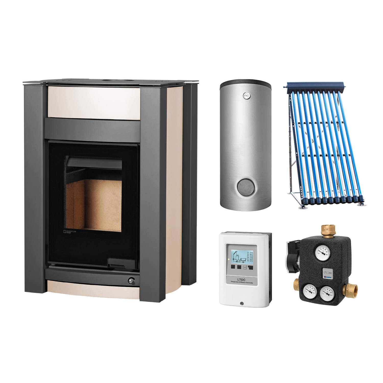 Aquaflam Vario Kalmar Basic Creme Set + Solarthermie-Set 2 (11 m²) + Pufferspeicher TPSR 600 + SWT Aquaflam Vario Kalmar Basic Creme Set + Solarthermie-Set 2 (11 m²) + Pufferspeicher TPSR 600 + SWT