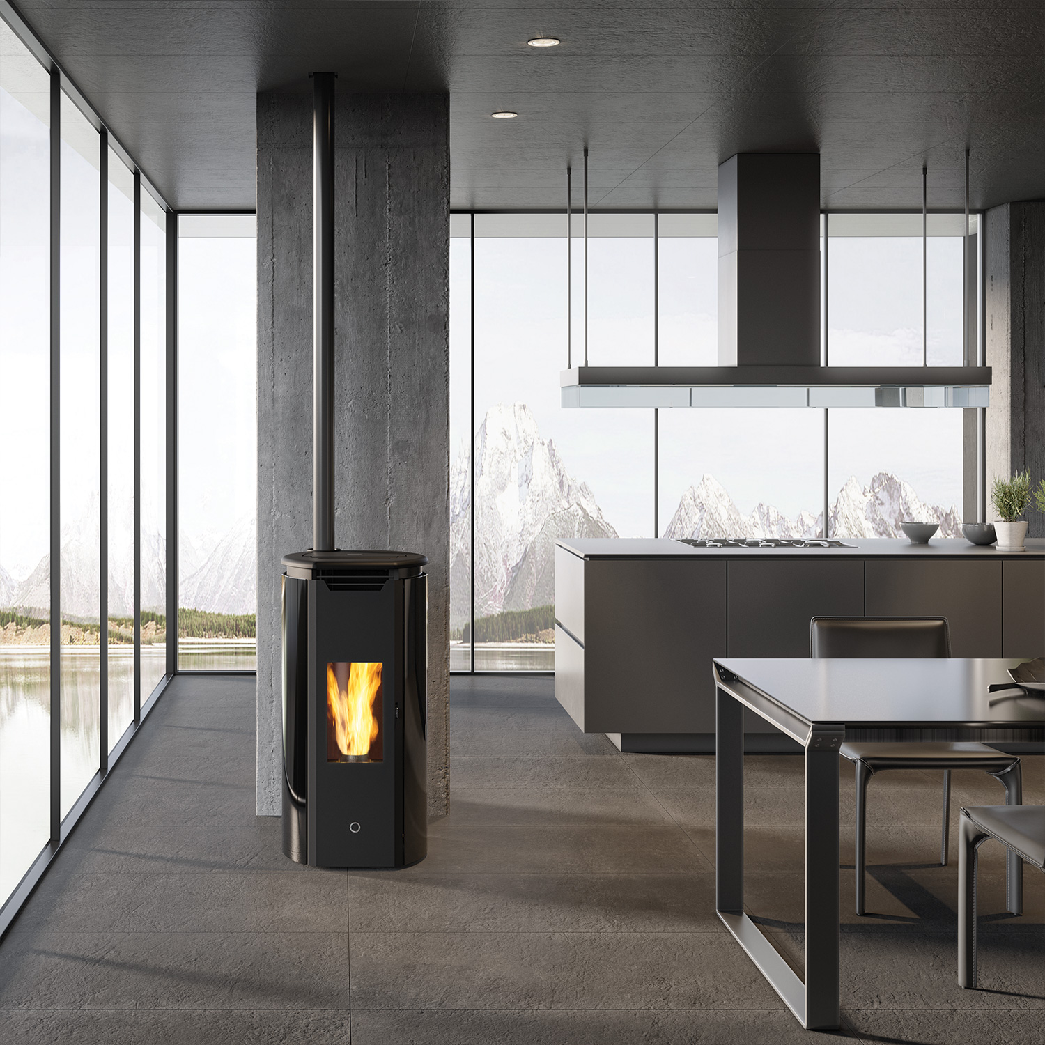 EK63 Tweed90+ Pelletofen Glas Schwarz Rauchrohr oben