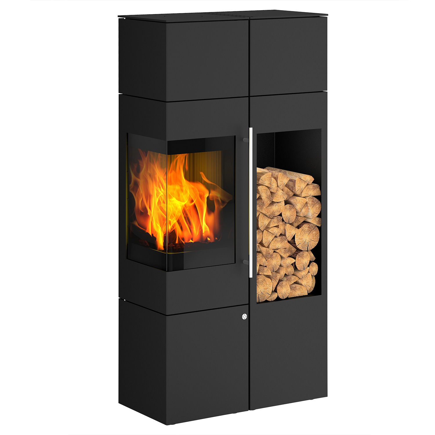 Olsberg Ipala Smart Compact Kaminofen Türanschlag links mit Holzregal und PowerBloc!-Aufsatz inkl. PowerBloc!