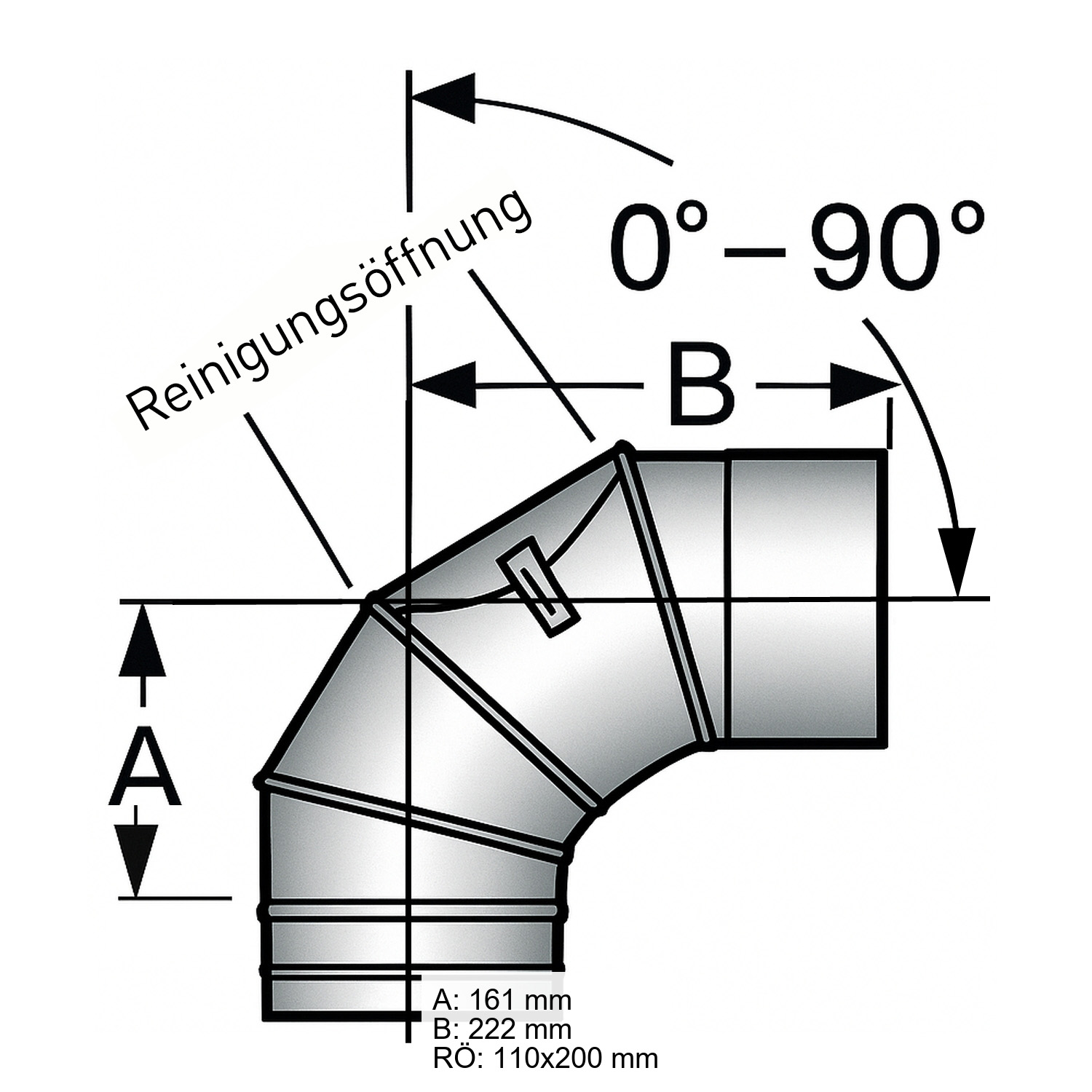 Schiedel PRIMA PLUS Bogen 0-90° drehbar Ø150 mm mit Reinigungsöffnung flach für Festbrennstoffe einwandig matt