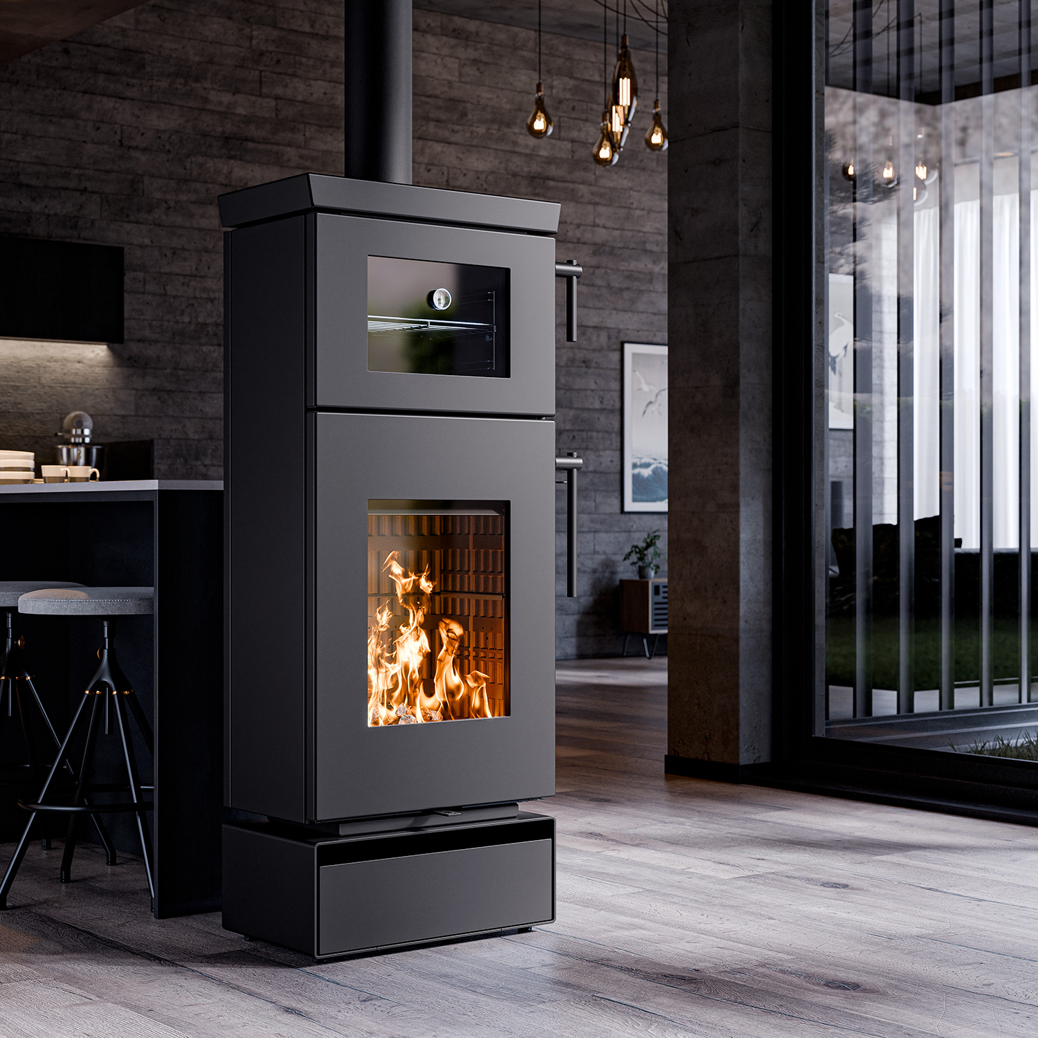Thermorossi Kaminofen Zen O Evo6 mit Backfach und Holzfach Matt Schwarz