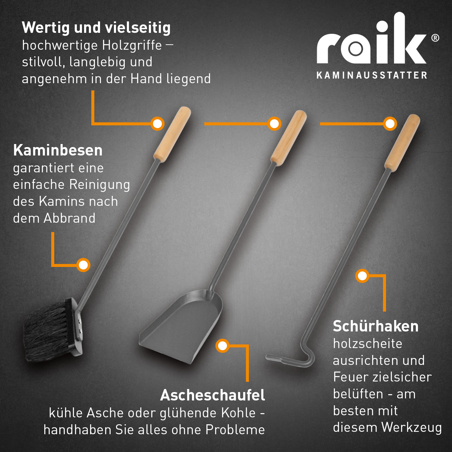 Raik Kaminbesteck Gustav, 3-teilig, Anthrazit, Holzgriffe , 60cm