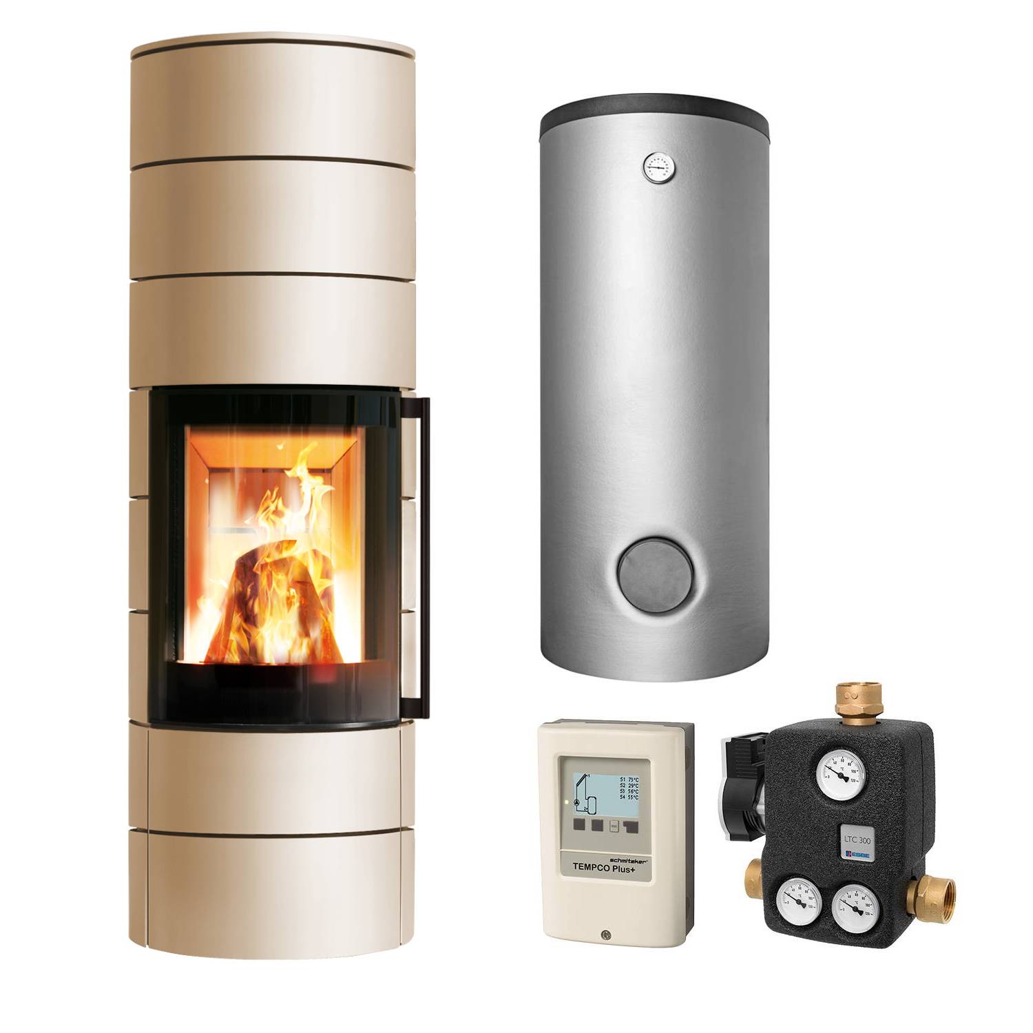 Spartherm Ambiente A4 H2O RLU wasserführender Kaminofen Perle – Komplett-Set mit SHS 550 Hygiene-Schichtenkombispeicher montiert silber, 1xWT