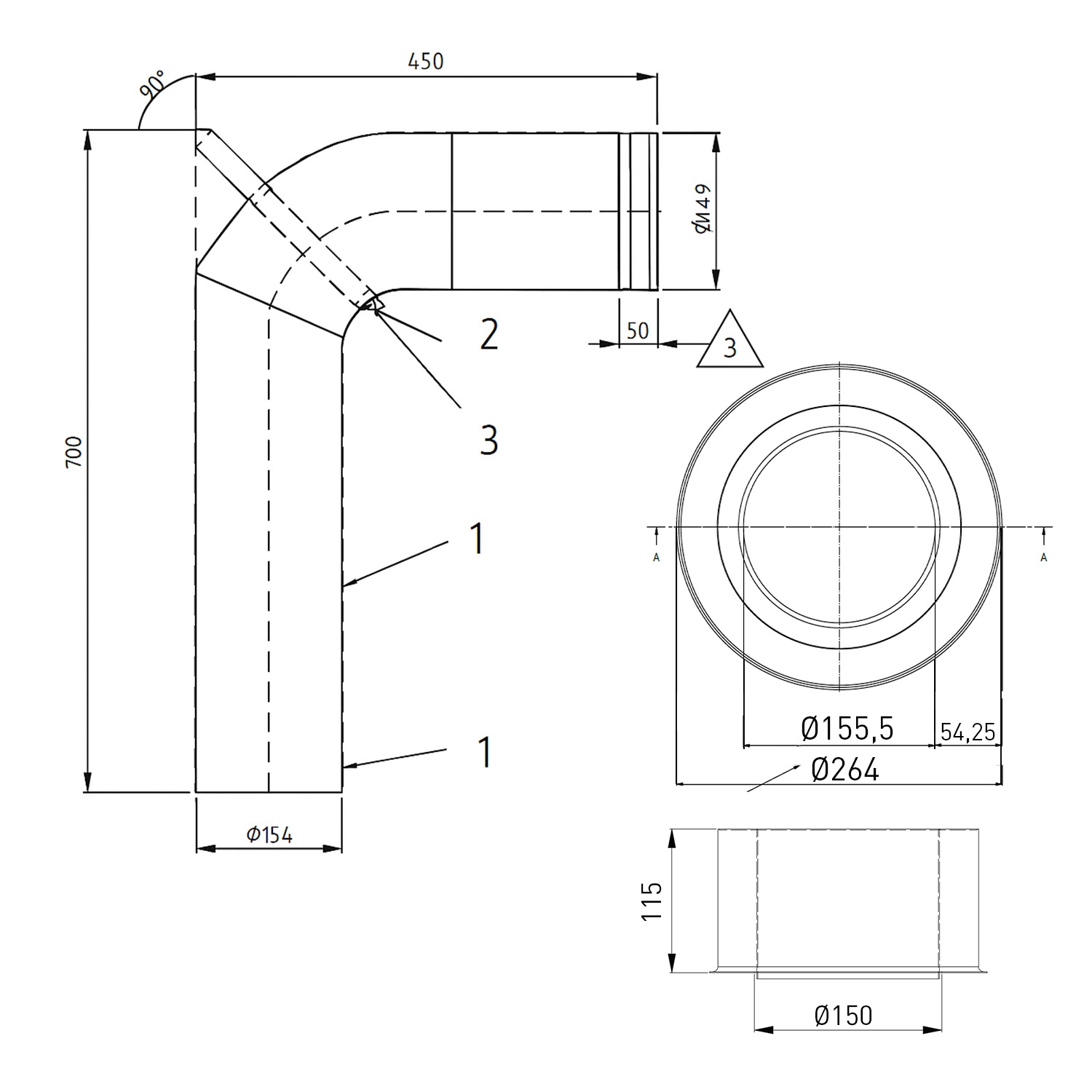 Raik Lifestyle Set Winkelbogen 150mm grau 90° 2-tlg mit Tür für Rauchrohr / Ofenrohr