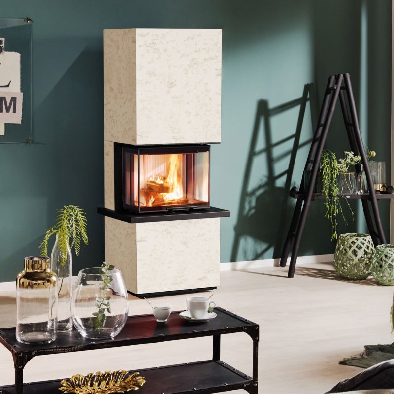 Kaminofen Olsberg Osorno S mit heller Natursteinverkleidung